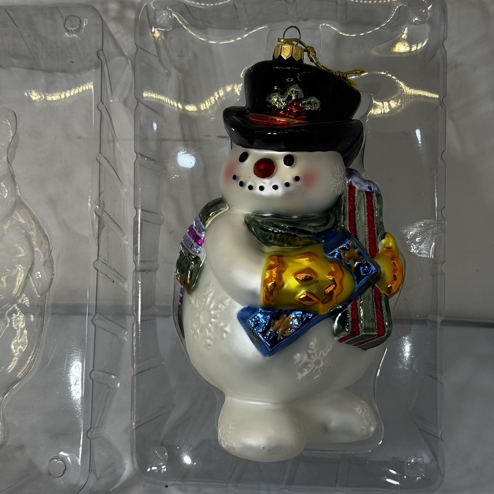 Fitz & Floyd Frosty Snowman w/Gifts Christmas Ornament Lg Blown Glass 8.5" w/Box